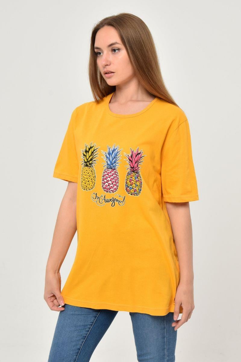 Tshirt Kadın Ananas Baskılı Oversize T-Shirt Hardal