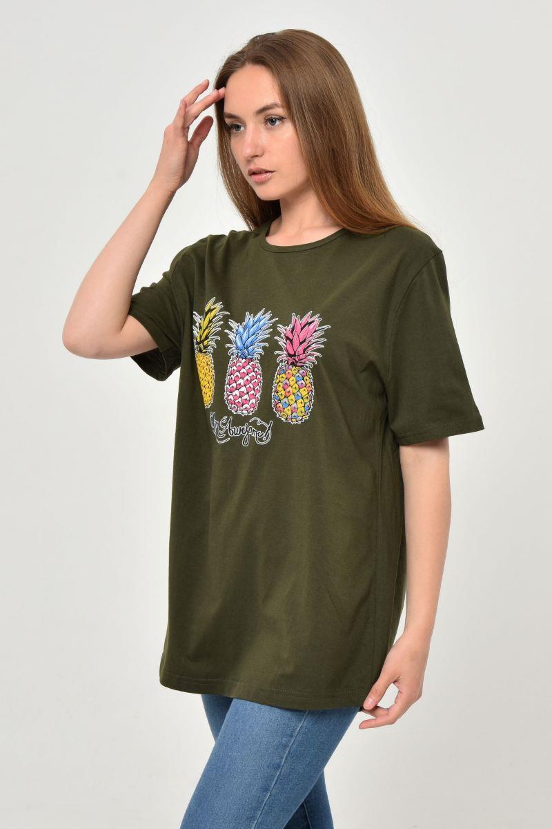 Tshirt Kadın Ananas Baskılı Oversize T-Shirt Haki