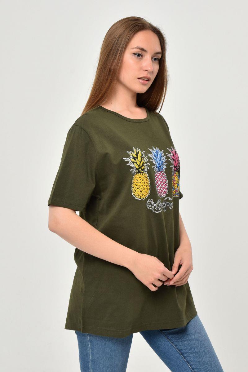 Tshirt Kadın Ananas Baskılı Oversize T-Shirt Haki