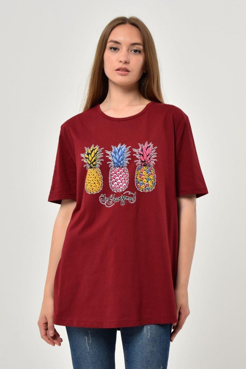 Tshirt Kadın Ananas Baskılı Oversize T-Shirt Bordo