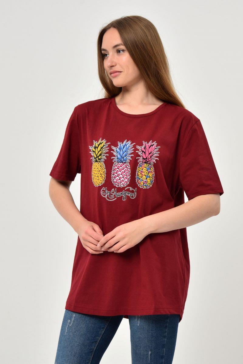 Tshirt Kadın Ananas Baskılı Oversize T-Shirt Bordo