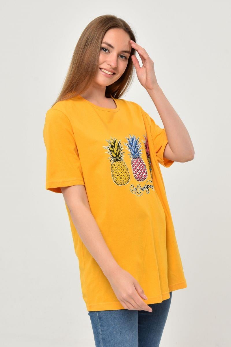 Tshirt Kadın Ananas Baskılı Oversize T-Shirt Hardal