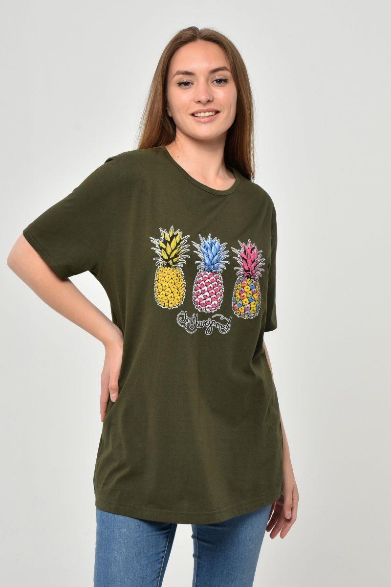Tshirt Kadın Ananas Baskılı Oversize T-Shirt Haki