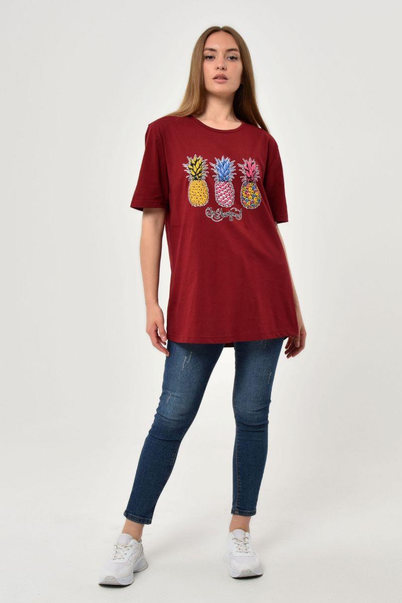 Tshirt Kadın Ananas Baskılı Oversize T-Shirt Bordo