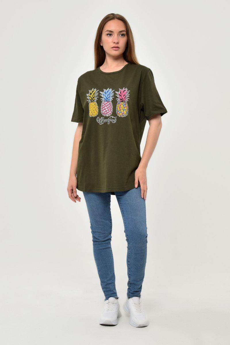 Tshirt Kadın Ananas Baskılı Oversize T-Shirt Haki