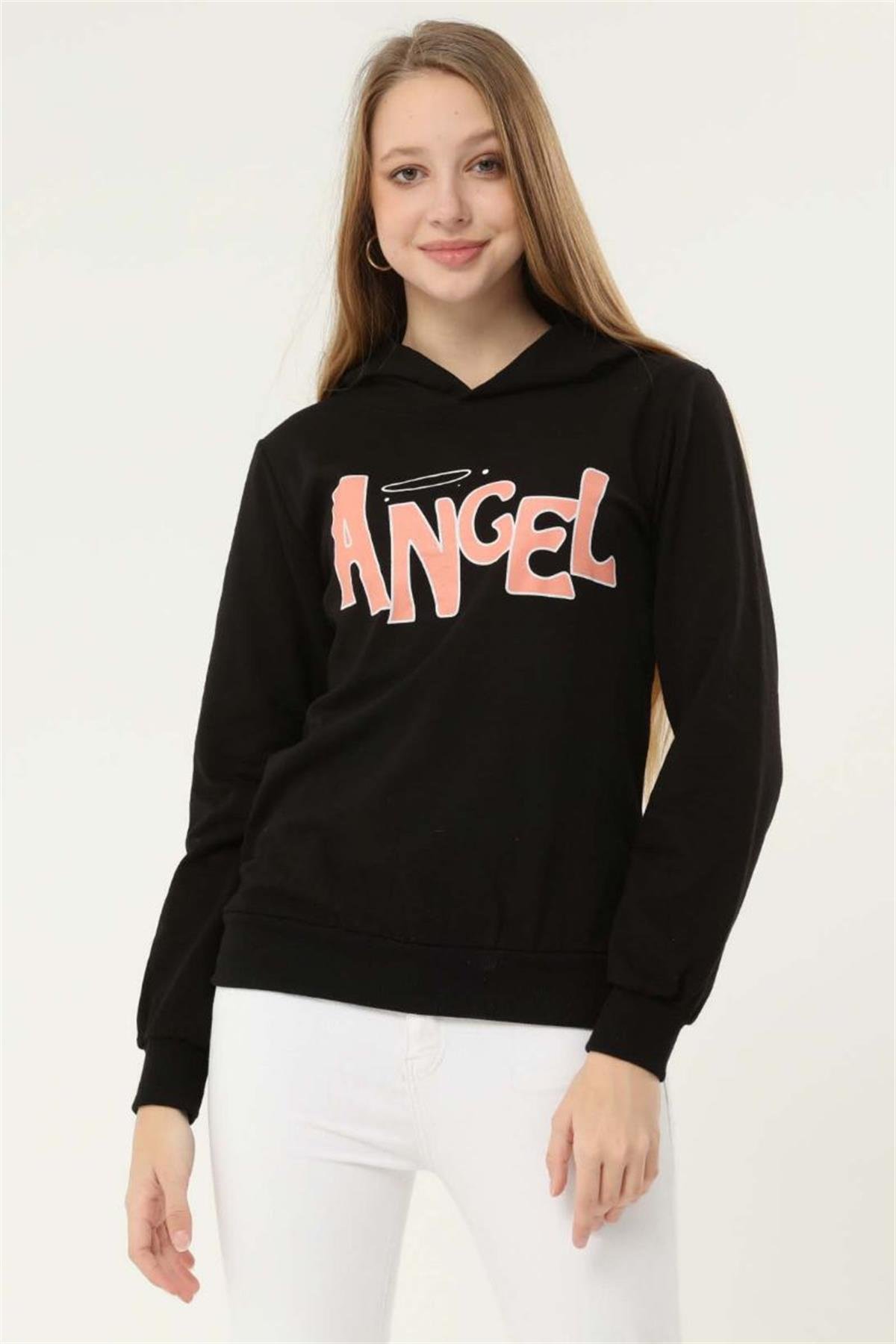 Sweatshirt Kadın Angel Baskılı Kapüşonlu Sweatshirt Siyah