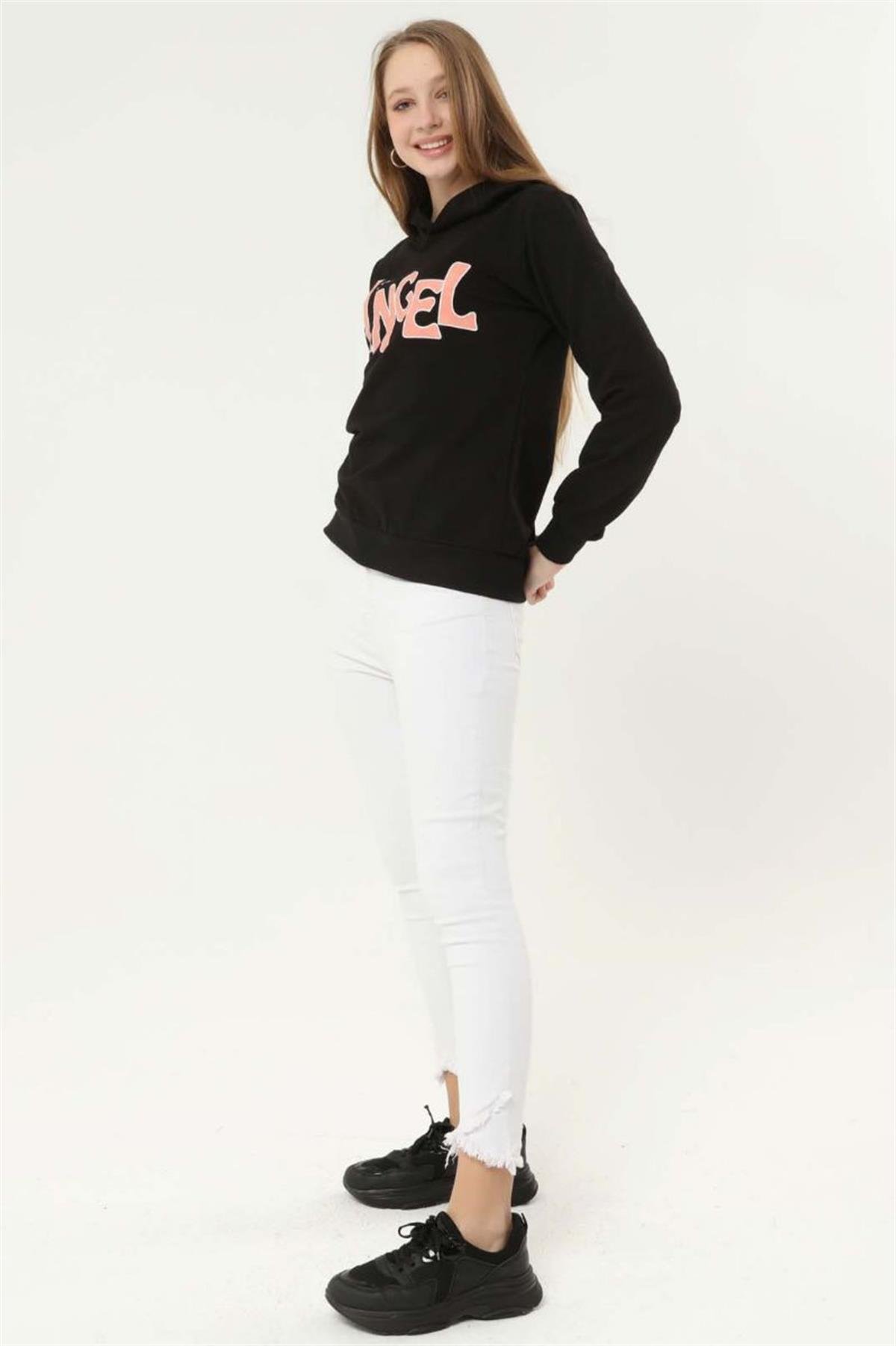 Sweatshirt Kadın Angel Baskılı Kapüşonlu Sweatshirt Siyah