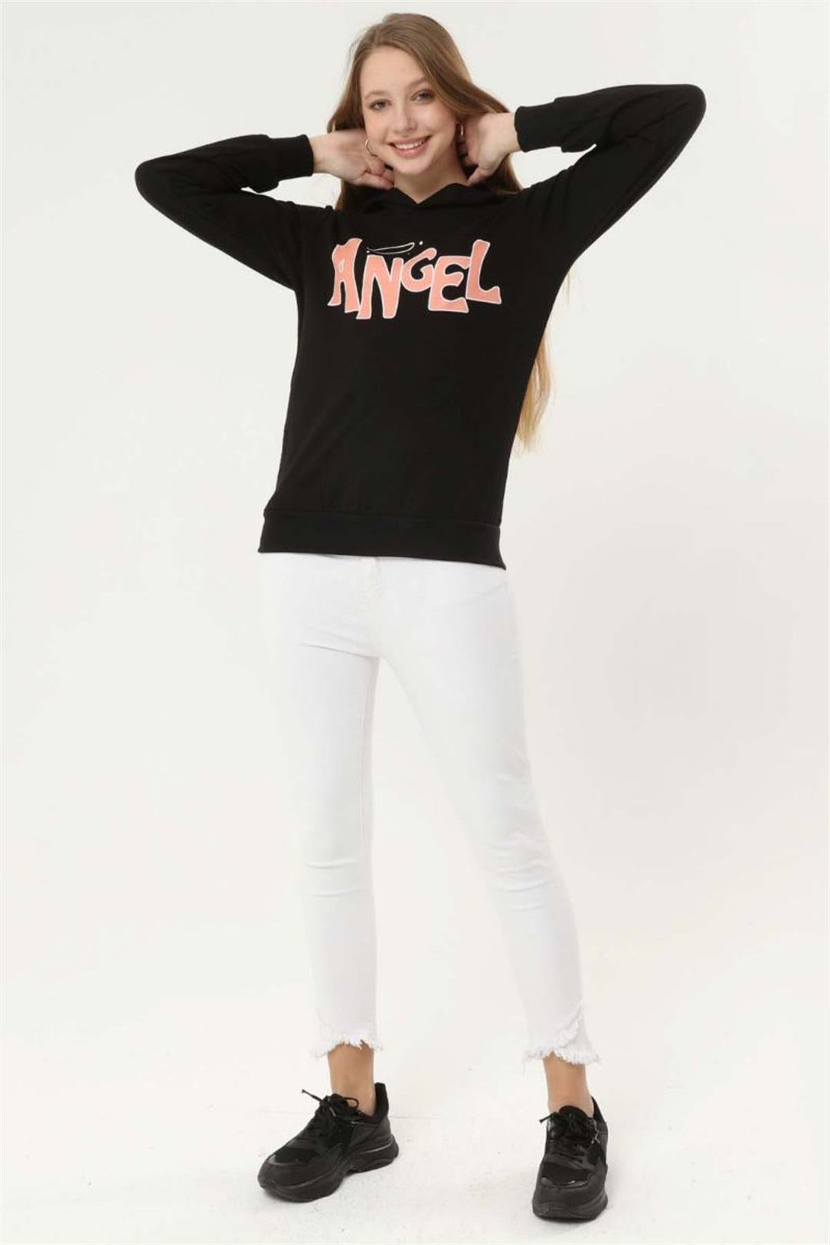Sweatshirt Kadın Angel Baskılı Kapüşonlu Sweatshirt Siyah