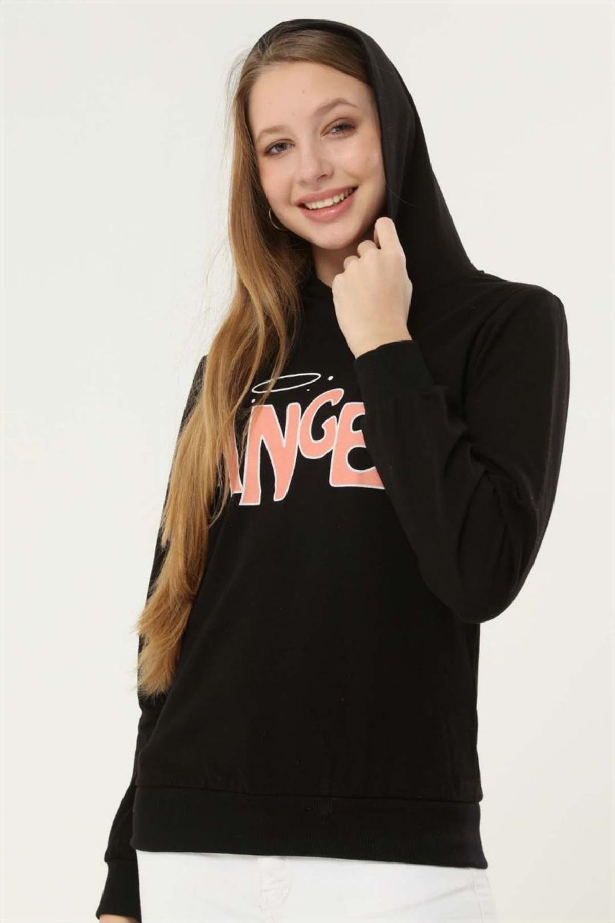 Sweatshirt Kadın Angel Baskılı Kapüşonlu Sweatshirt Siyah