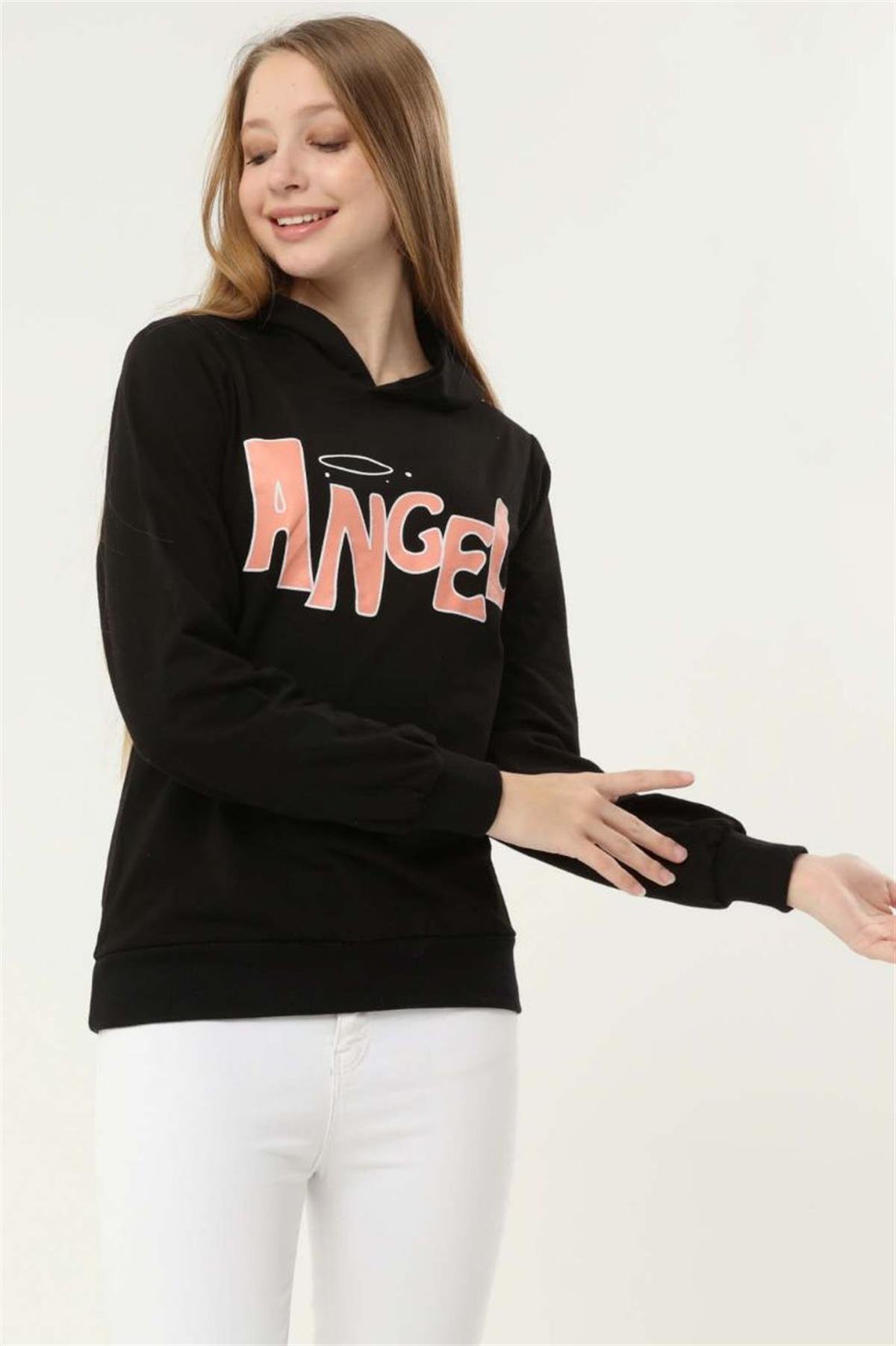 Sweatshirt Kadın Angel Baskılı Kapüşonlu Sweatshirt Siyah