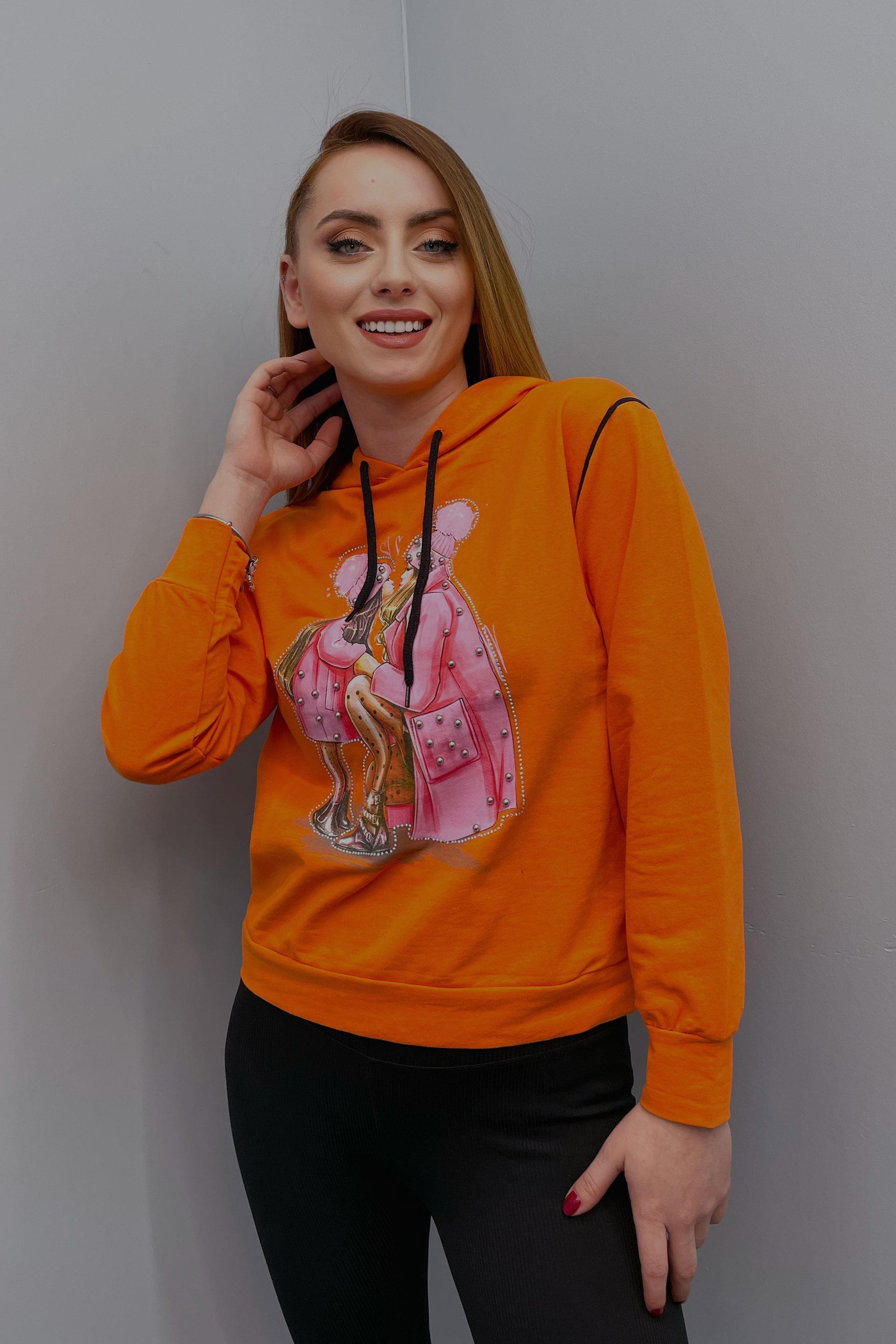 Sweatshirt Kadın Anne-Kız Baskılı Incil Işlemeli Kapüşonlu Sweatshirt Turuncu