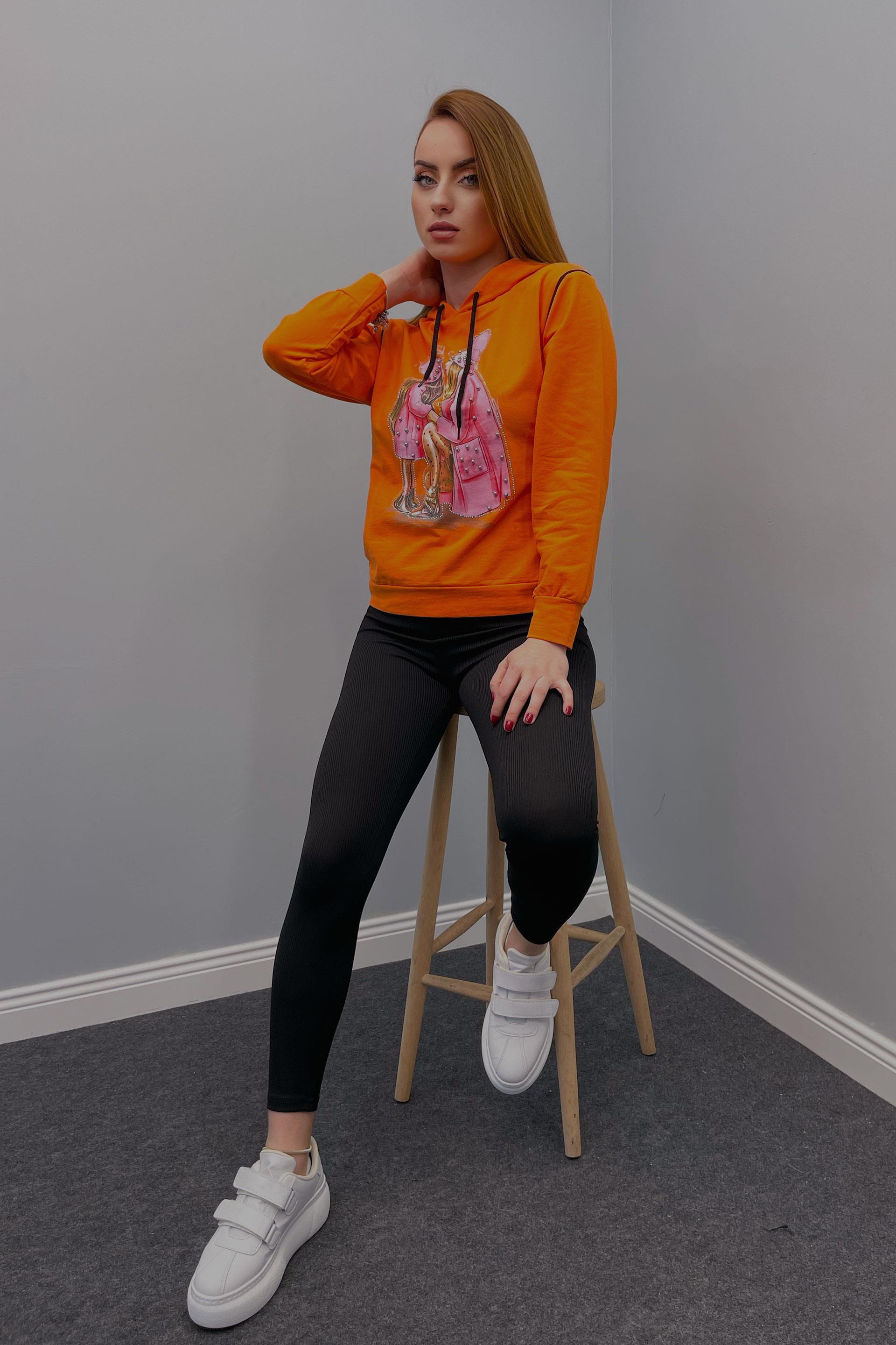Sweatshirt Kadın Anne-Kız Baskılı Incil Işlemeli Kapüşonlu Sweatshirt Turuncu