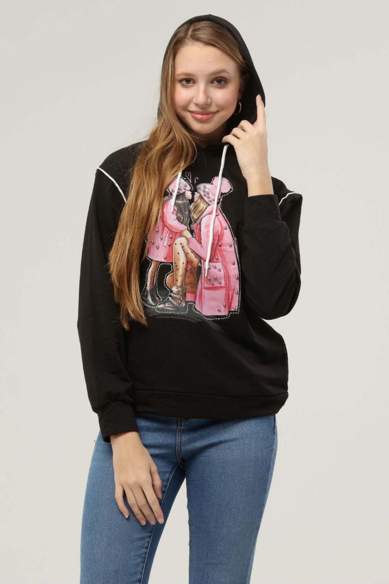 Sweatshirt Kadın Anne-Kız Baskılı Incil Işlemeli Kapüşonlu Sweatshirt Siyah