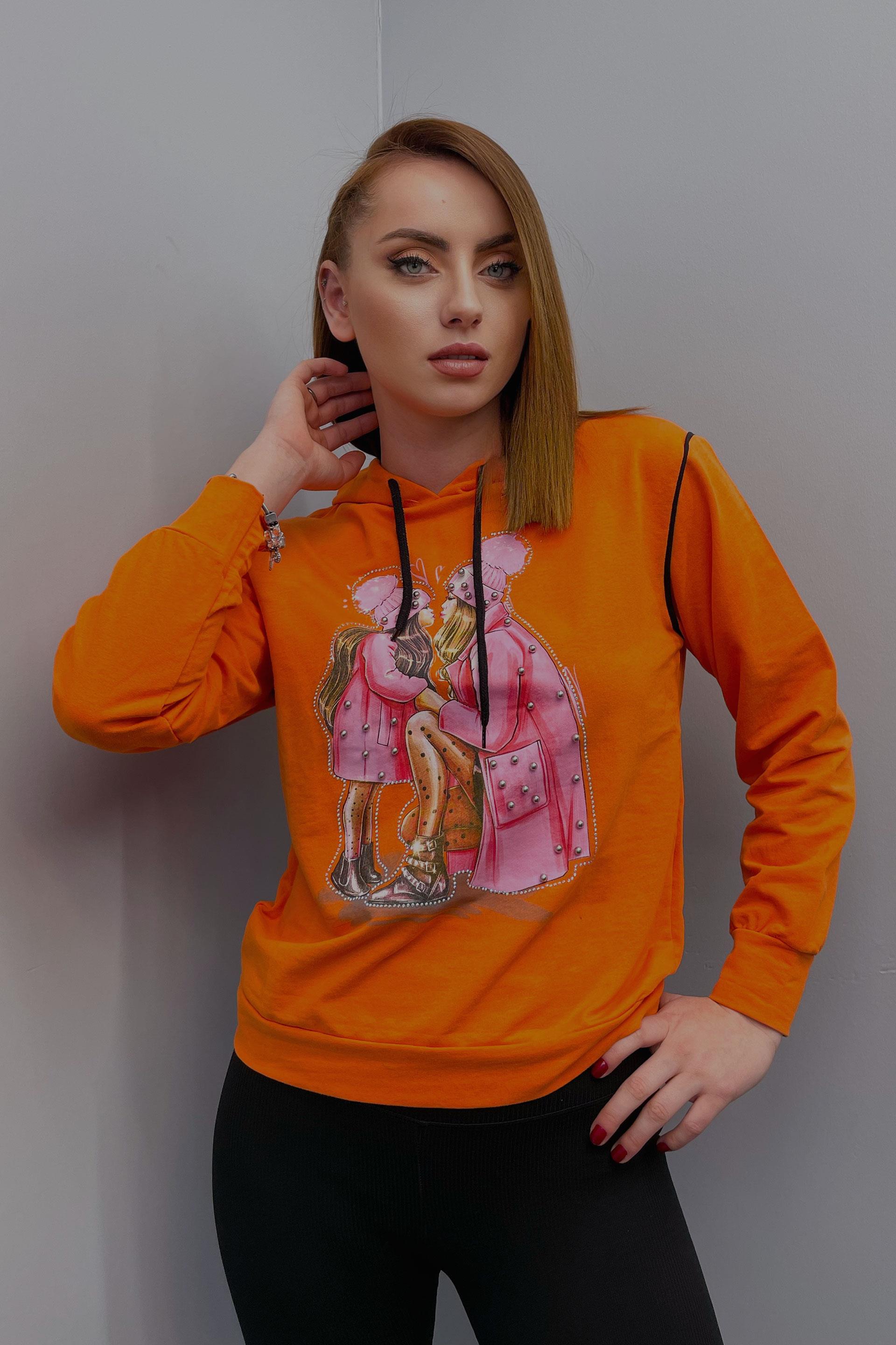 Sweatshirt Kadın Anne-Kız Baskılı Incil Işlemeli Kapüşonlu Sweatshirt Turuncu