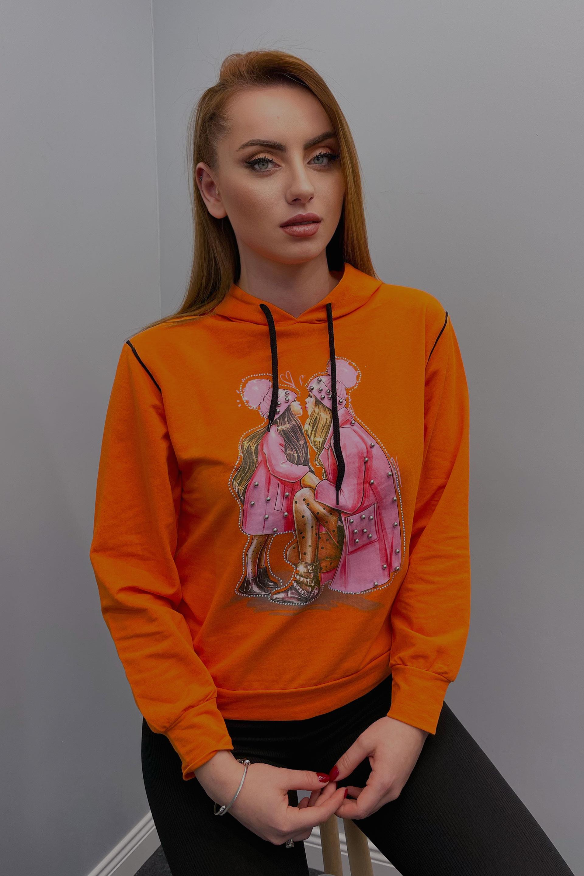Sweatshirt Kadın Anne-Kız Baskılı Incil Işlemeli Kapüşonlu Sweatshirt Turuncu