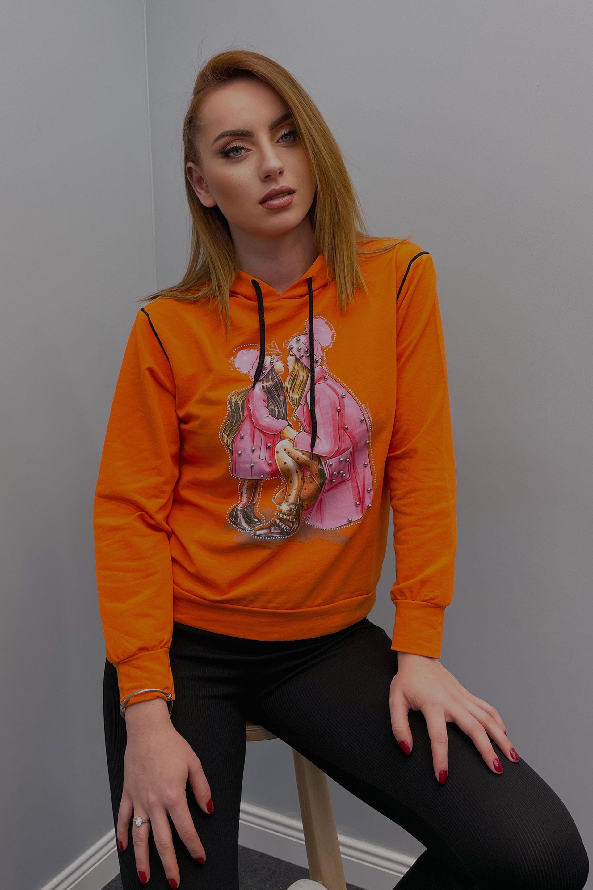 Sweatshirt Kadın Anne-Kız Baskılı Incil Işlemeli Kapüşonlu Sweatshirt Turuncu