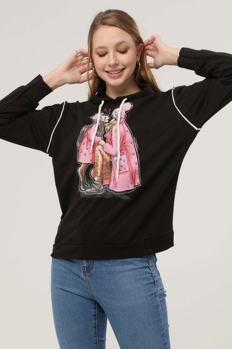 Sweatshirt Kadın Anne-Kız Baskılı Incil Işlemeli Kapüşonlu Sweatshirt Siyah