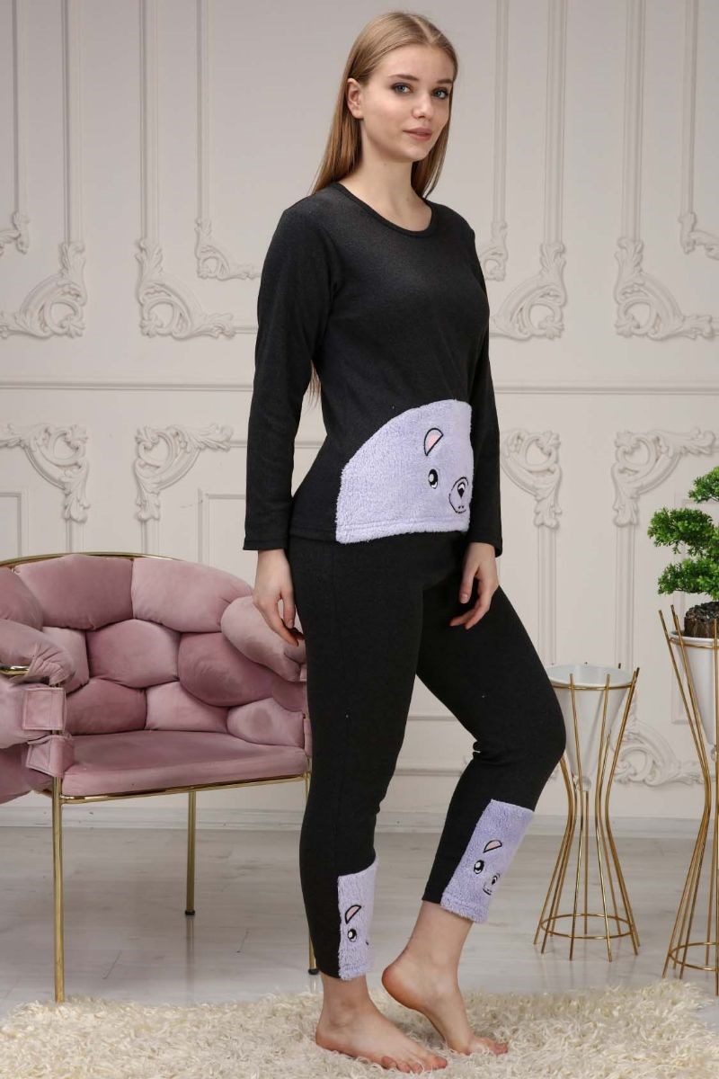 Pijama Takımı Kadın Ayıcık Nakışlı Polar Pijama Takımı Lila