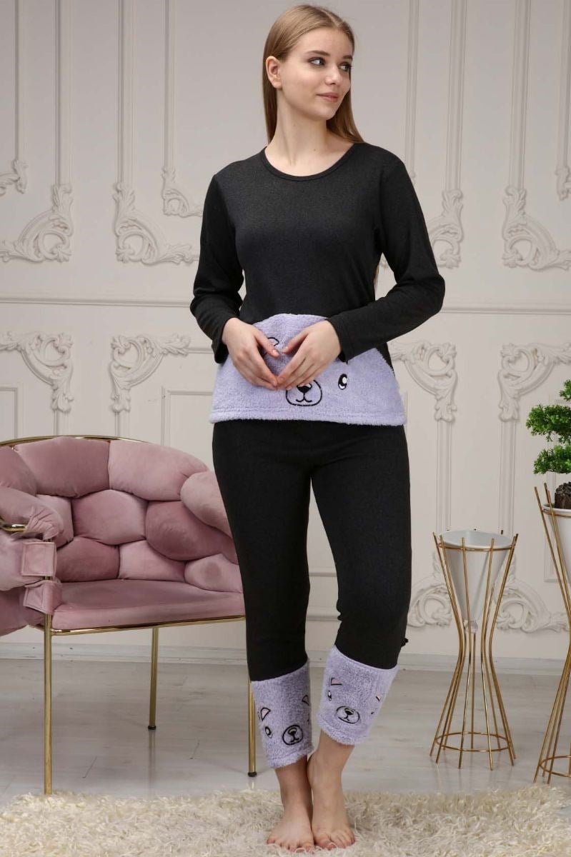Pijama Takımı Kadın Ayıcık Nakışlı Polar Pijama Takımı Lila