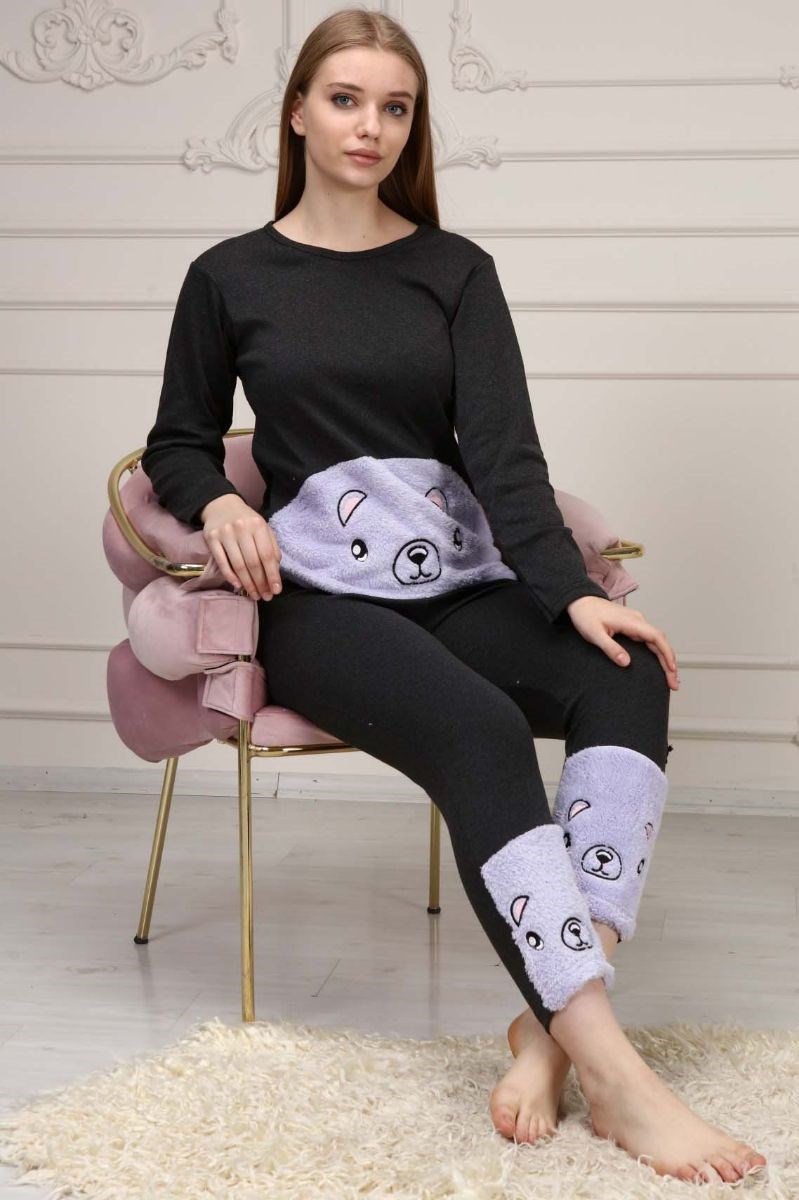 Pijama Takımı Kadın Ayıcık Nakışlı Polar Pijama Takımı Lila