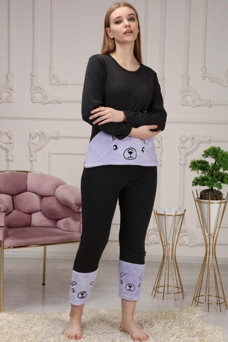 Pijama Takımı Kadın Ayıcık Nakışlı Polar Pijama Takımı Lila