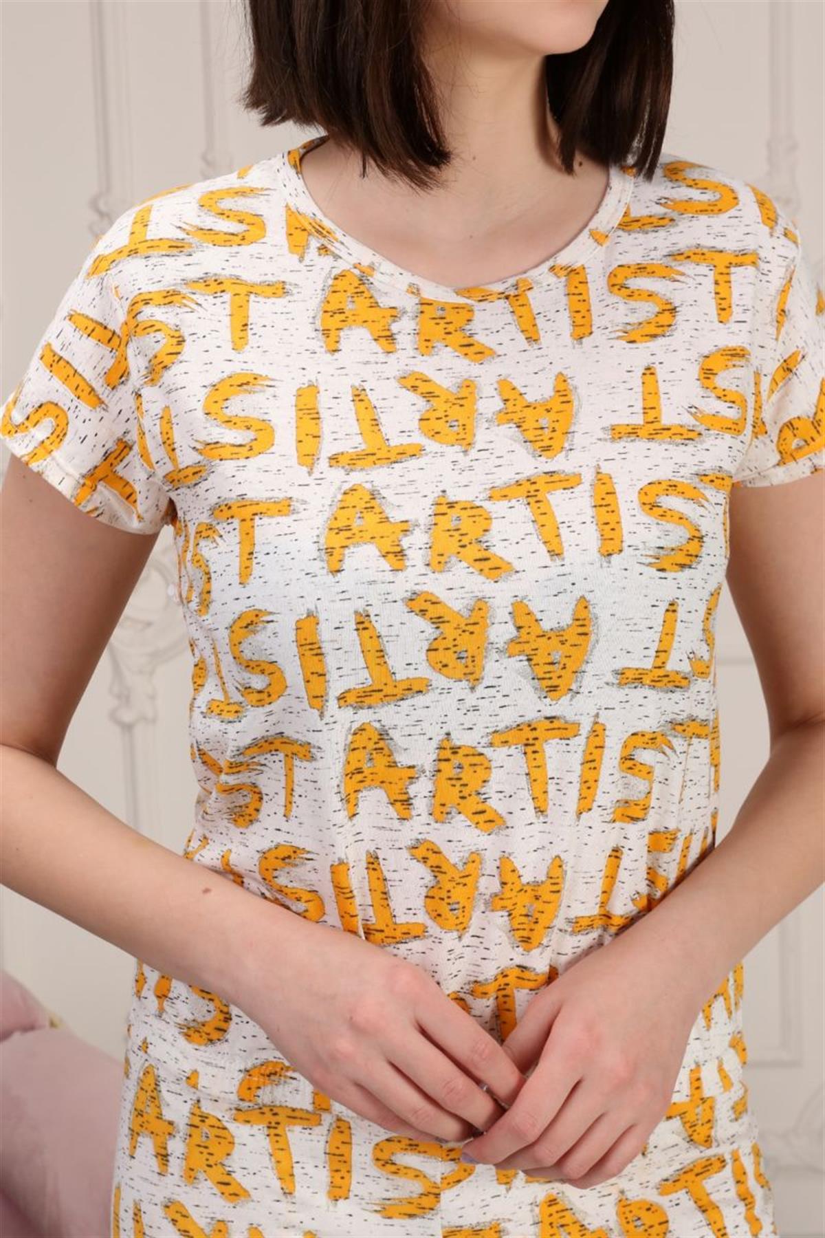 Pijama Takımı Kadın Baskılı Beli Lastikli Pijama Takımı Hardal