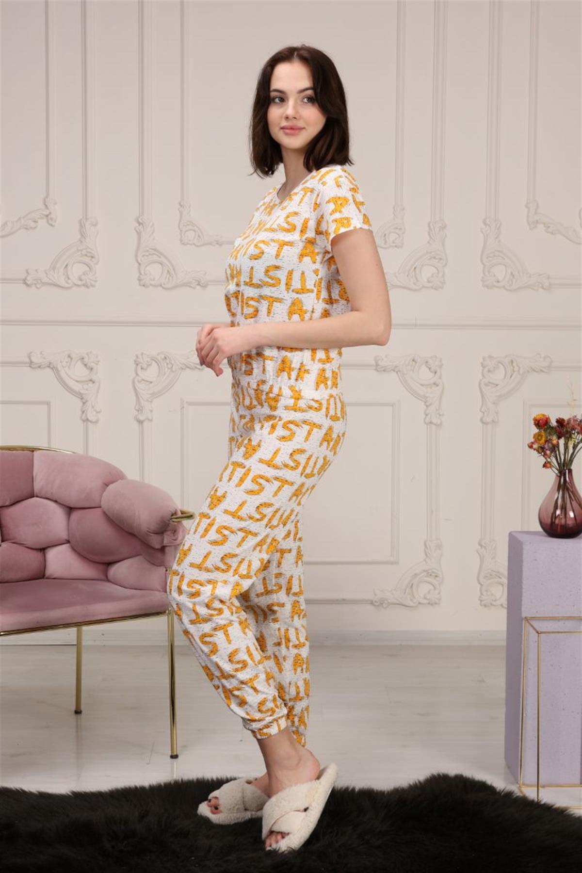 Pijama Takımı Kadın Baskılı Beli Lastikli Pijama Takımı Hardal