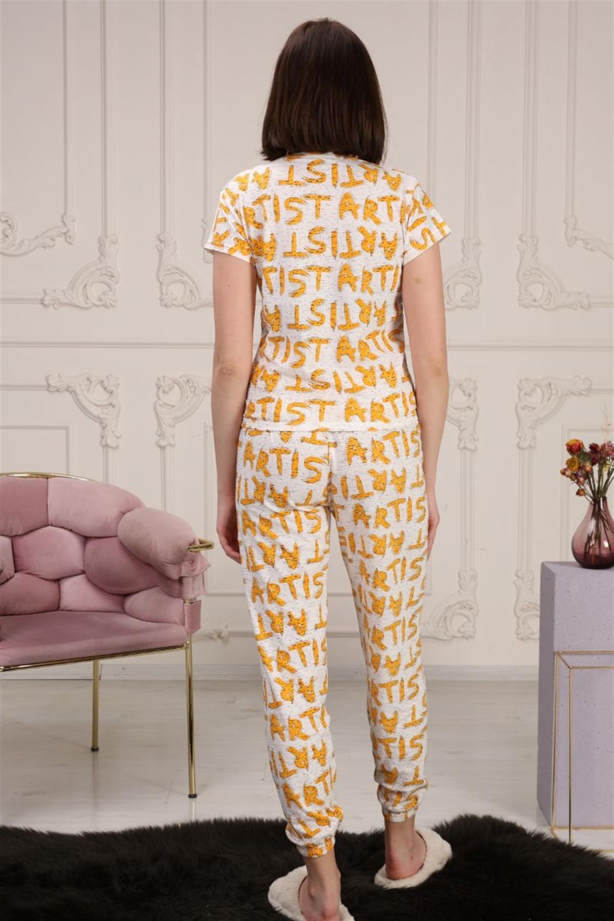 Pijama Takımı Kadın Baskılı Beli Lastikli Pijama Takımı Hardal
