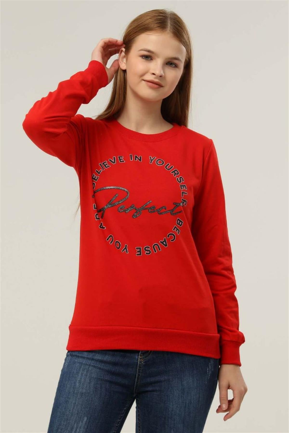 Sweatshirt Kadın Baskılı Bisiklet Yaka Sweatshirt Kırmızı