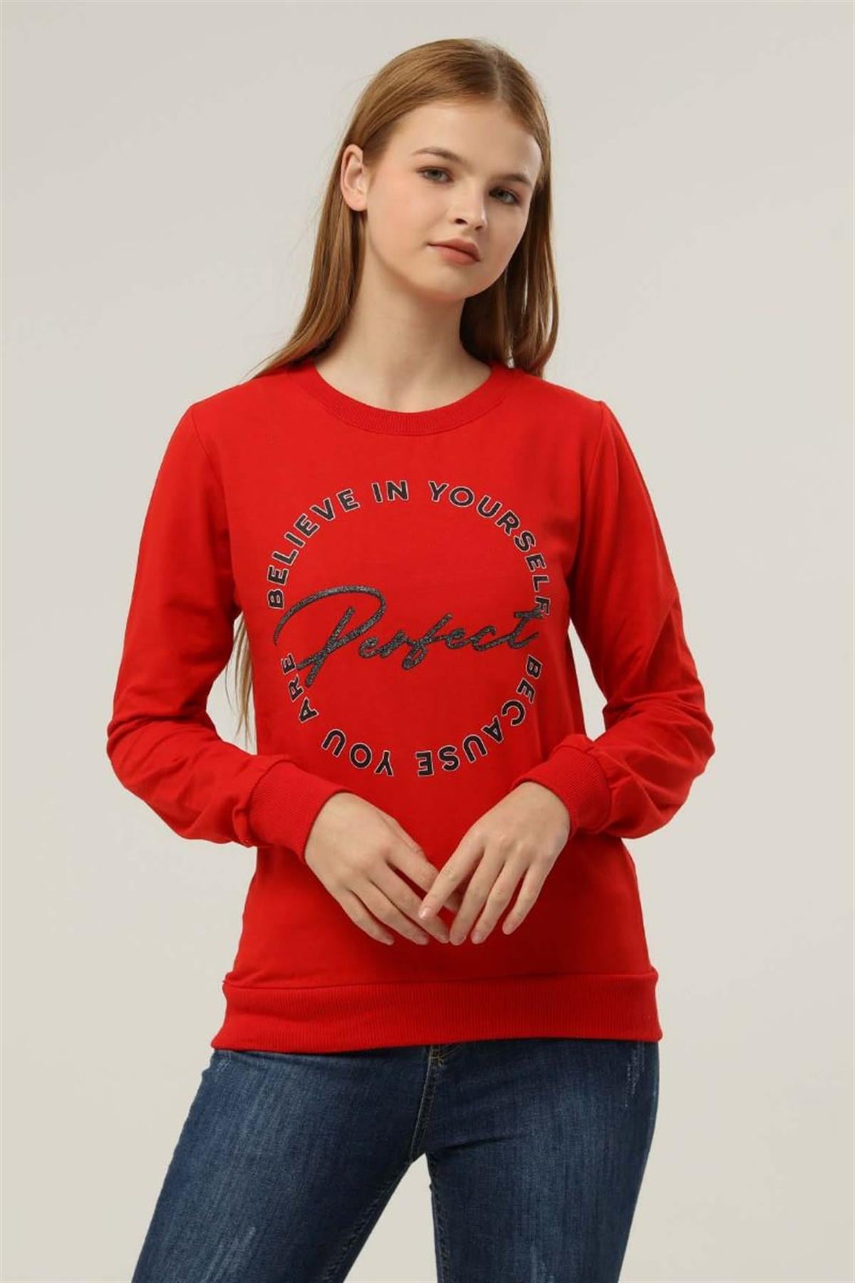 Sweatshirt Kadın Baskılı Bisiklet Yaka Sweatshirt Kırmızı