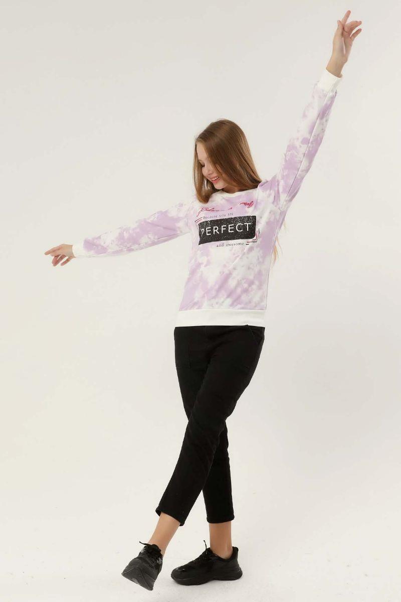 Sweatshirt Kadın Baskılı Bisiklet Yaka Sweatshirt Lila