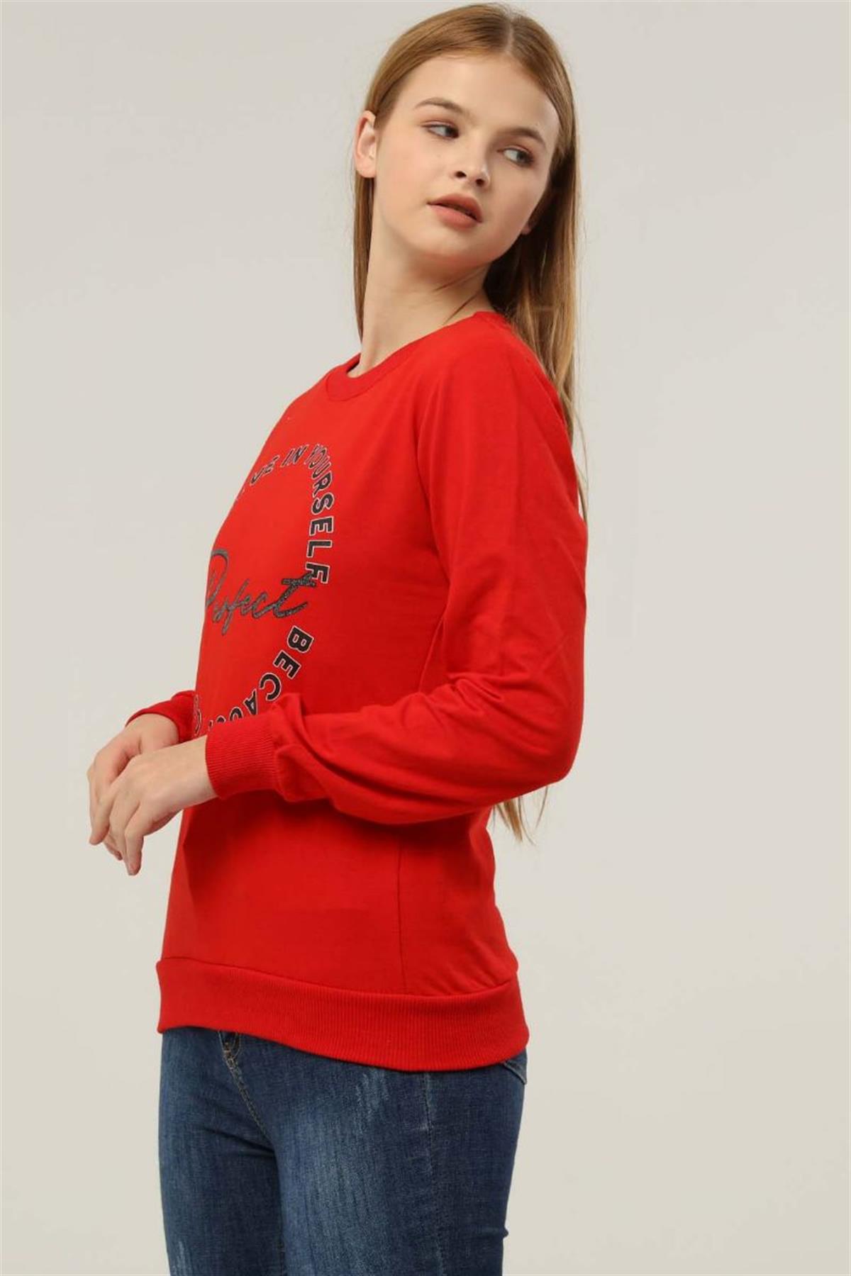 Sweatshirt Kadın Baskılı Bisiklet Yaka Sweatshirt Kırmızı