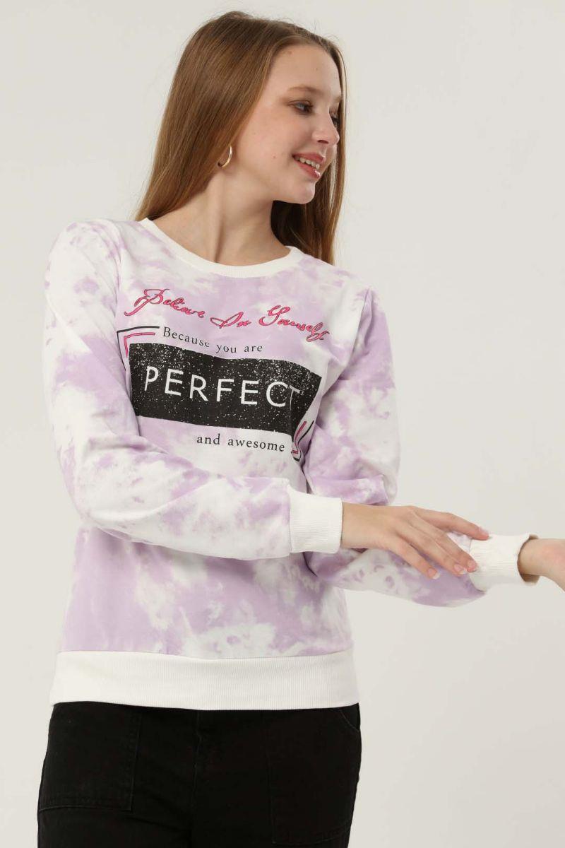 Sweatshirt Kadın Baskılı Bisiklet Yaka Sweatshirt Lila