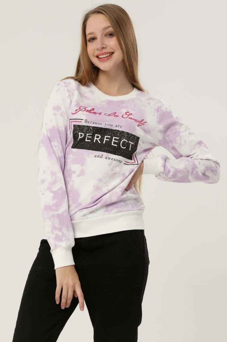 Sweatshirt Kadın Baskılı Bisiklet Yaka Sweatshirt Lila