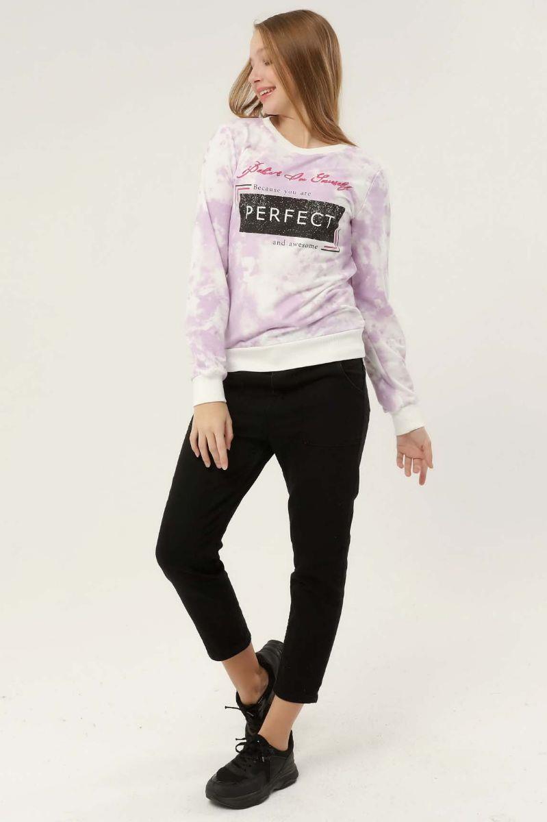 Sweatshirt Kadın Baskılı Bisiklet Yaka Sweatshirt Lila