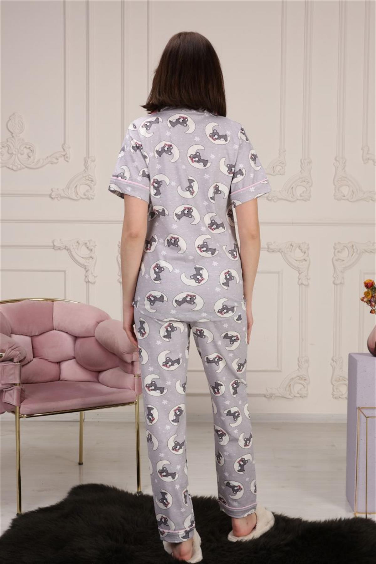 Pijama Takımı Kadın Baskılı Cepli Maskülen Yaka Pijama Takımı Gri