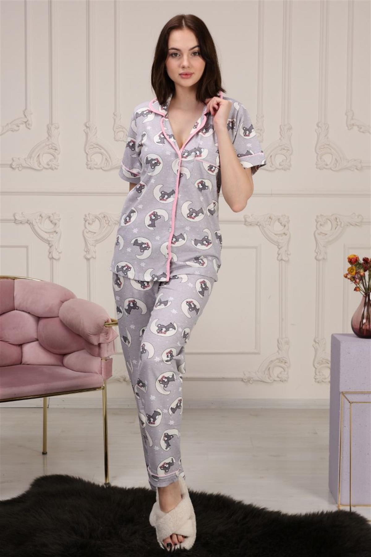 Pijama Takımı Kadın Baskılı Cepli Maskülen Yaka Pijama Takımı Gri