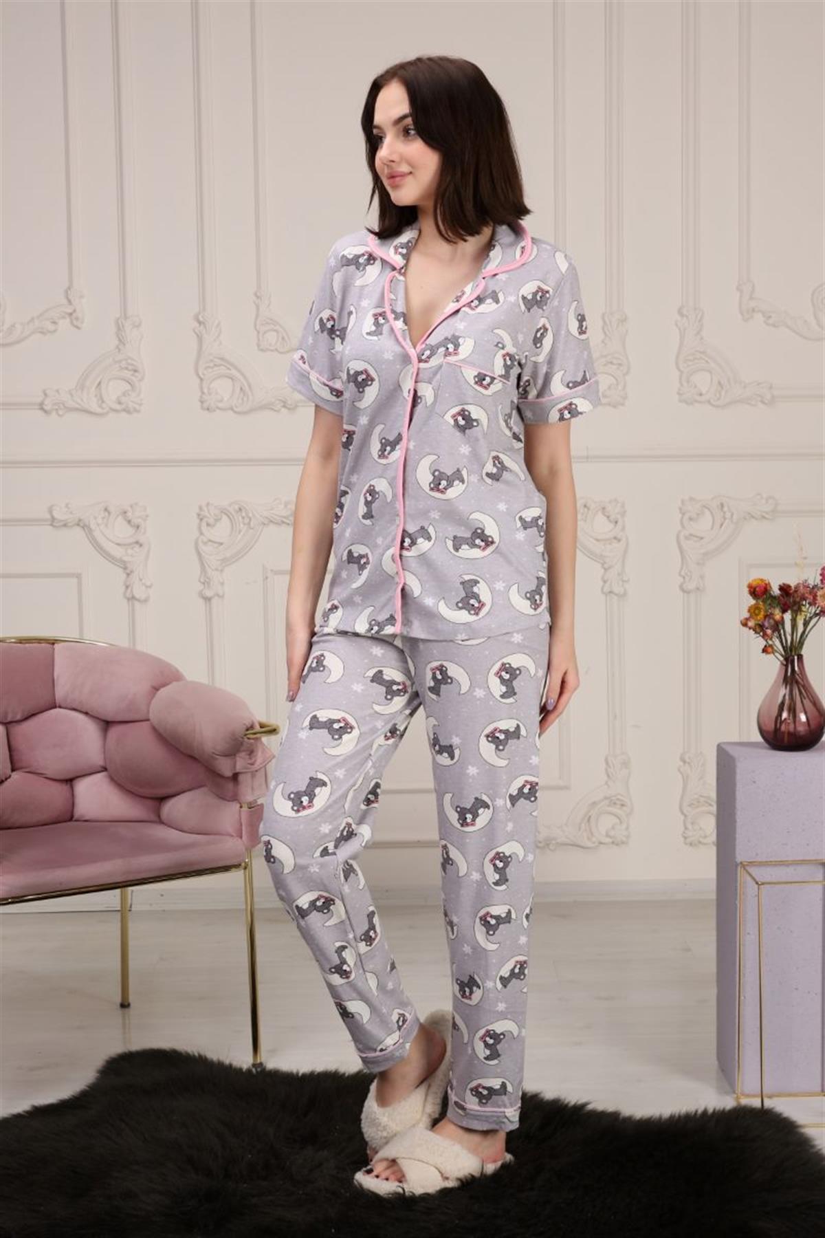 Pijama Takımı Kadın Baskılı Cepli Maskülen Yaka Pijama Takımı Gri