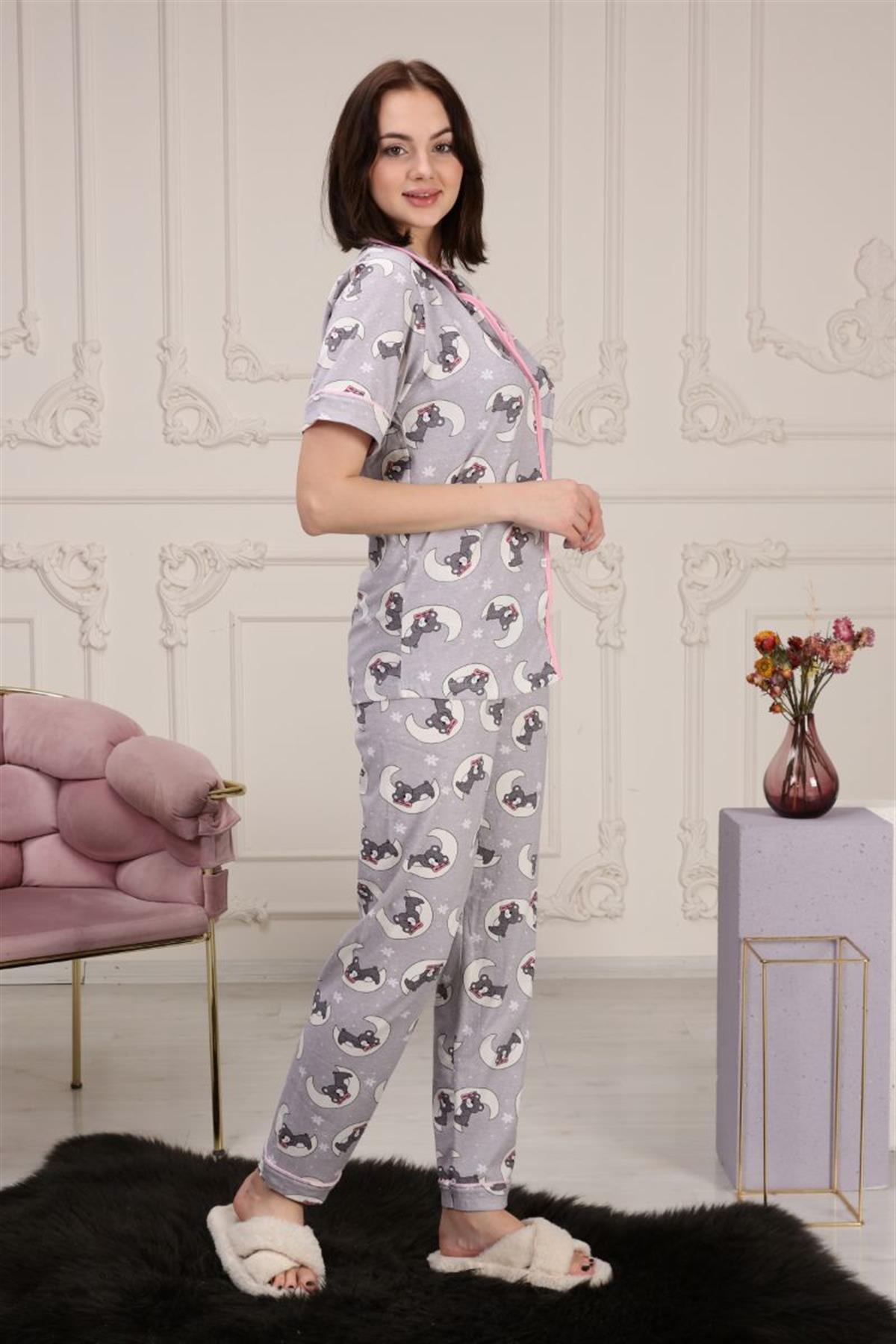 Pijama Takımı Kadın Baskılı Cepli Maskülen Yaka Pijama Takımı Gri