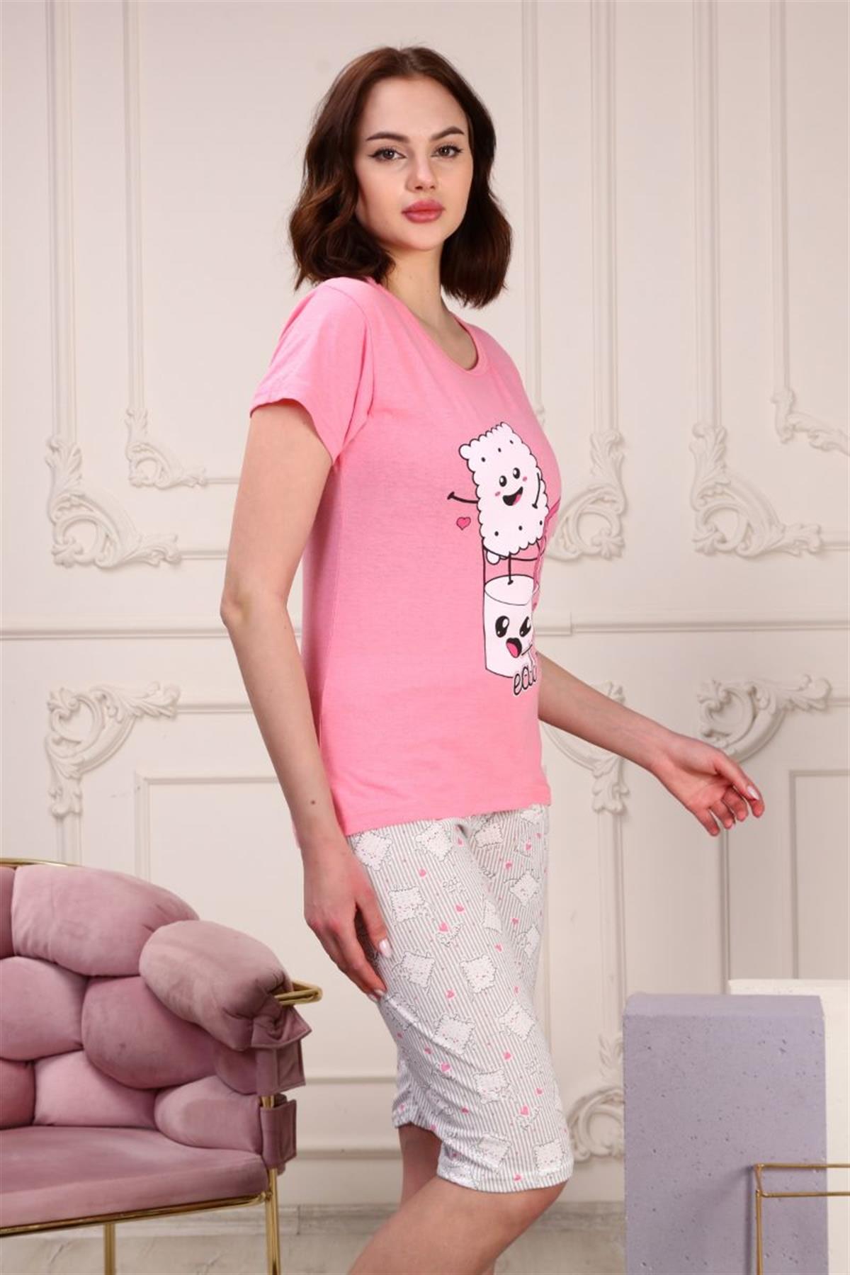 Pijama Takımı Kadın Baskılı Kapri Şortlu Pijama Takımı Pembe