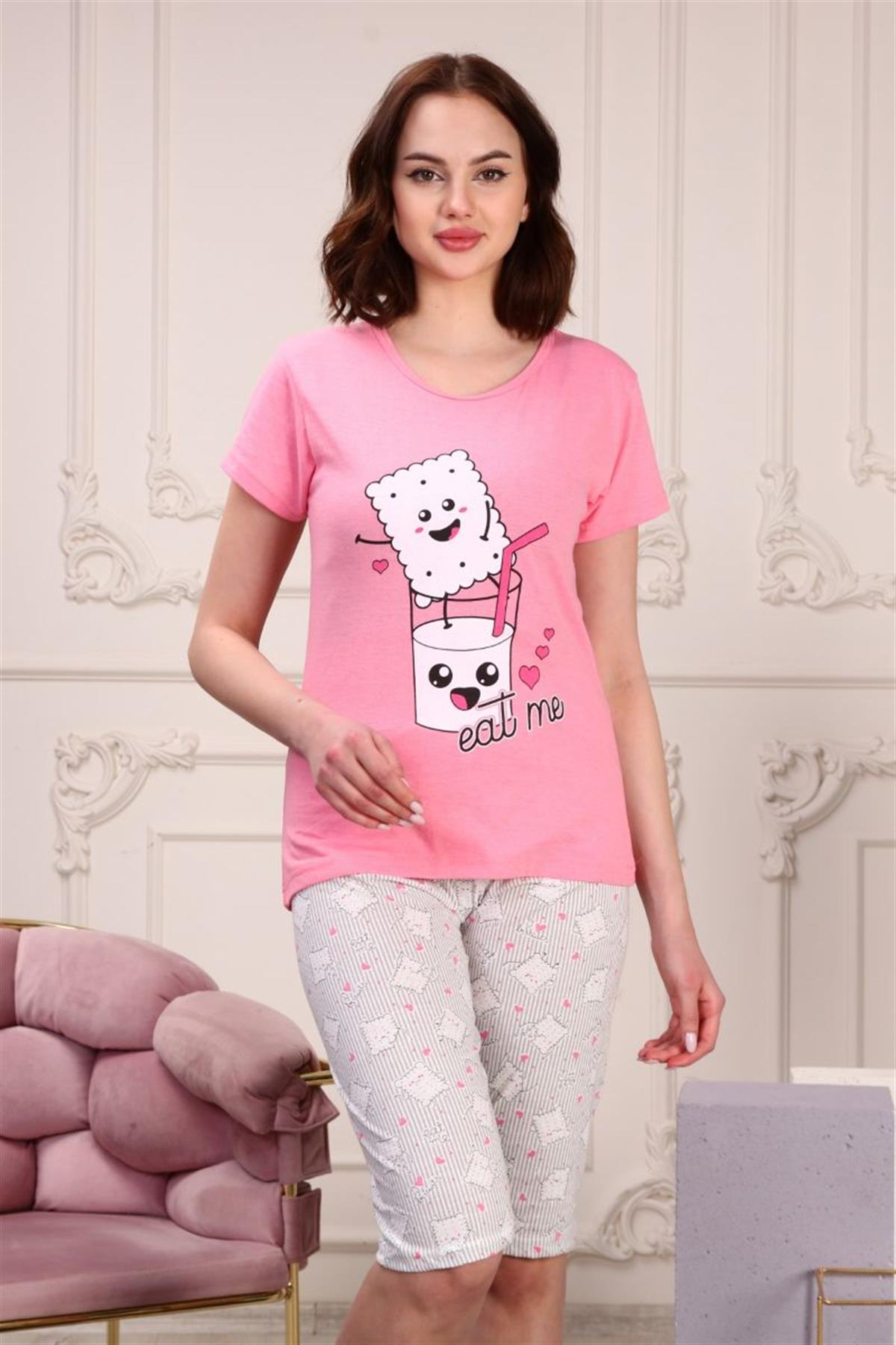 Pijama Takımı Kadın Baskılı Kapri Şortlu Pijama Takımı Pembe