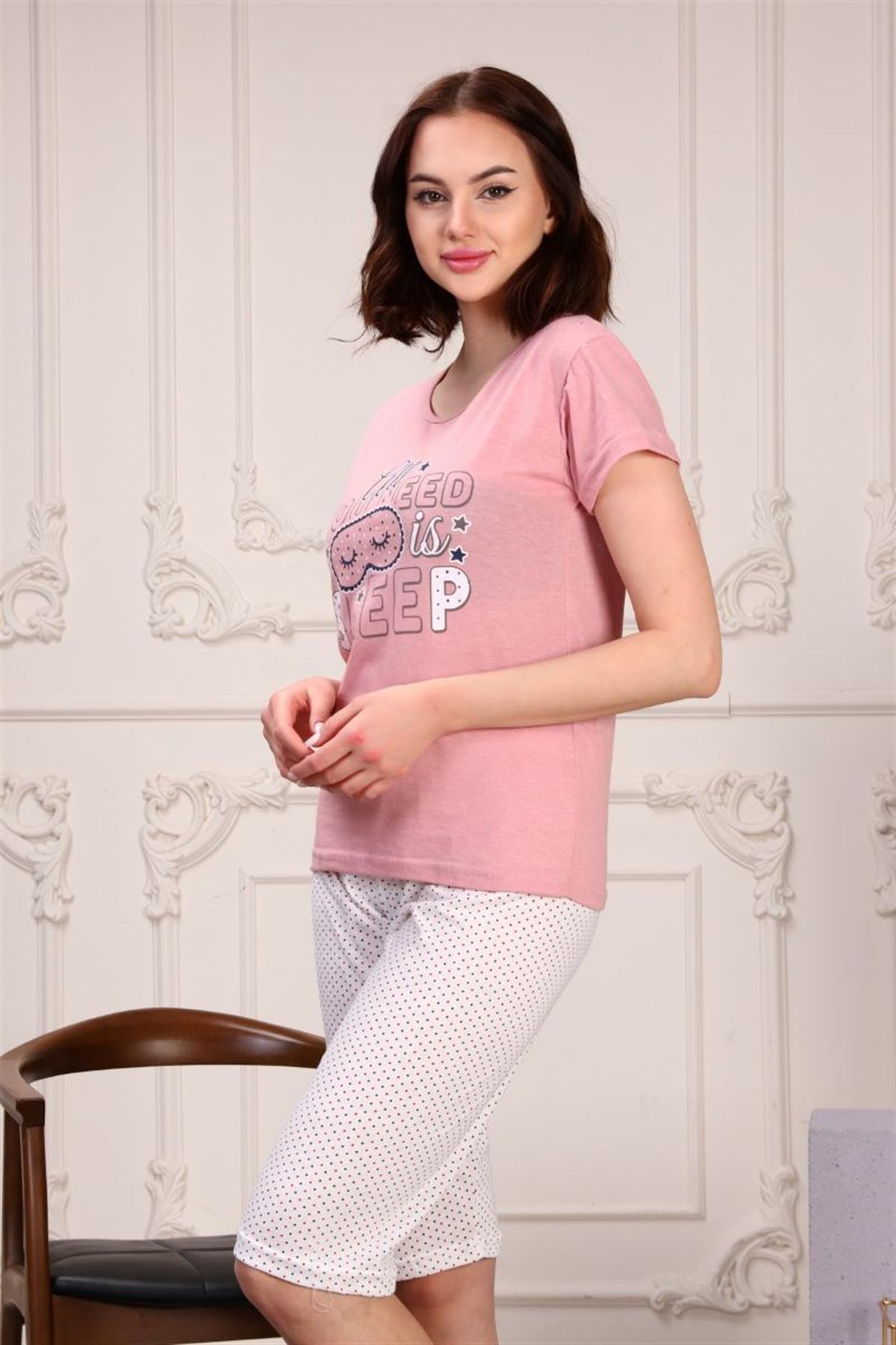Pijama Takımı Kadın Baskılı Kapri Şortlu Pijama Takımı Gül Kurusu