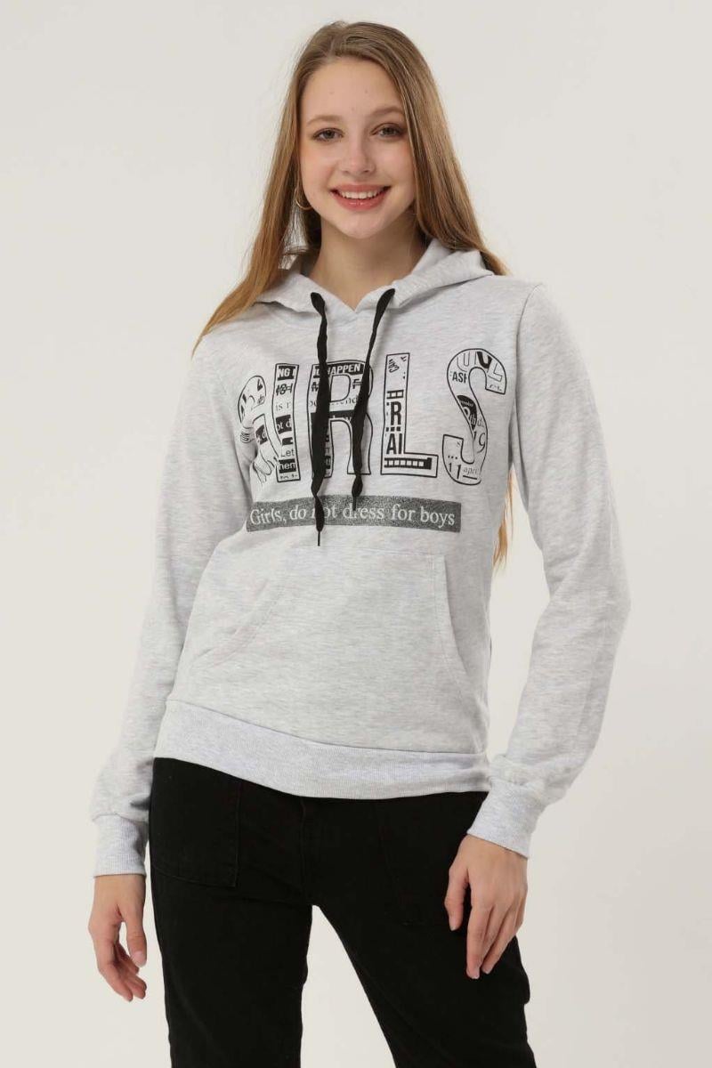 Sweatshirt Kadın Baskılı Kapüşonlu Kanguru Cepli Sweatshirt Gri