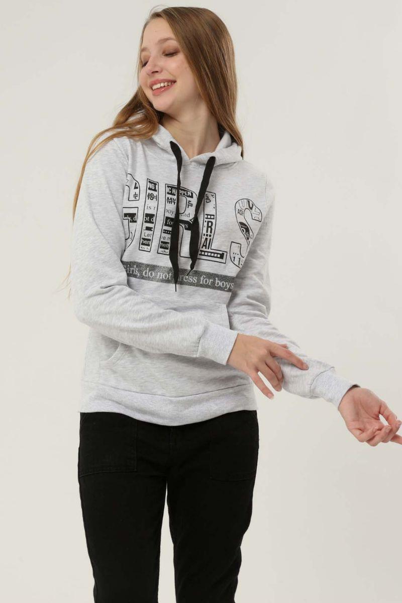 Sweatshirt Kadın Baskılı Kapüşonlu Kanguru Cepli Sweatshirt Gri