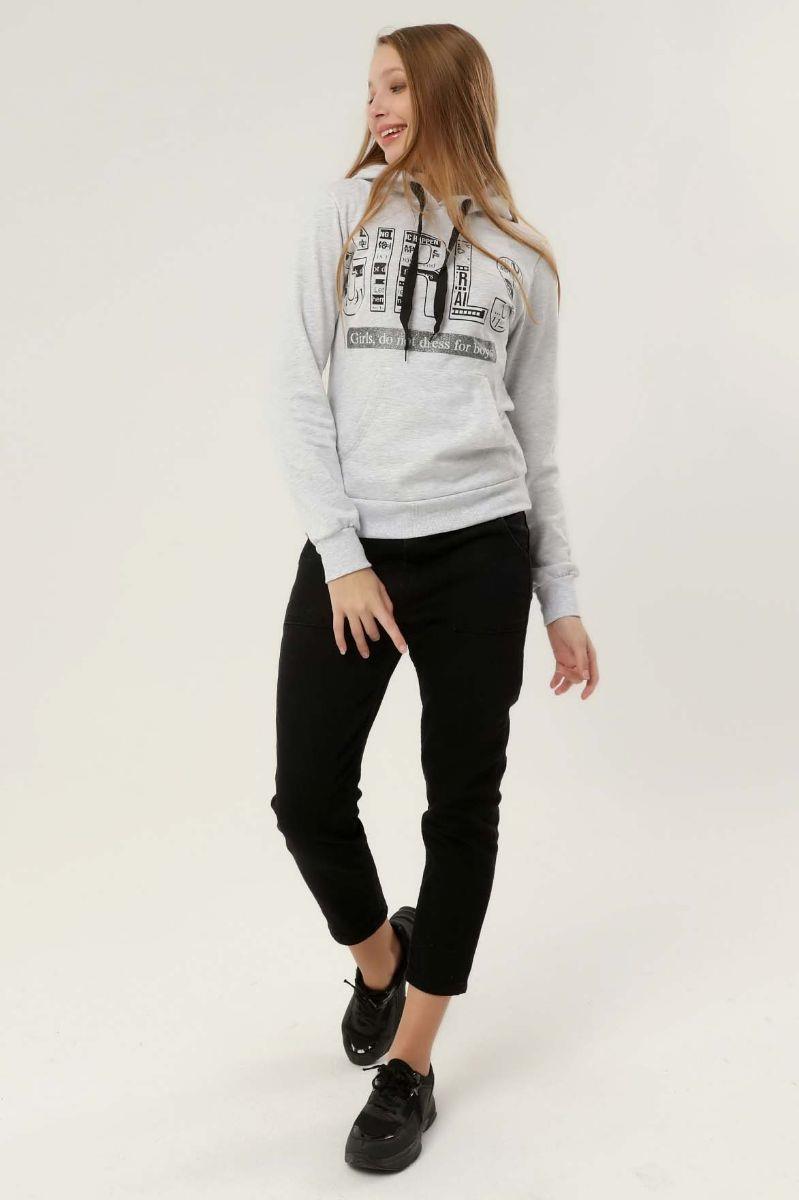 Sweatshirt Kadın Baskılı Kapüşonlu Kanguru Cepli Sweatshirt Gri