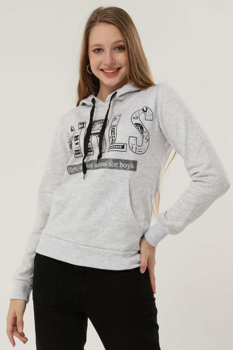 Sweatshirt Kadın Baskılı Kapüşonlu Kanguru Cepli Sweatshirt Gri