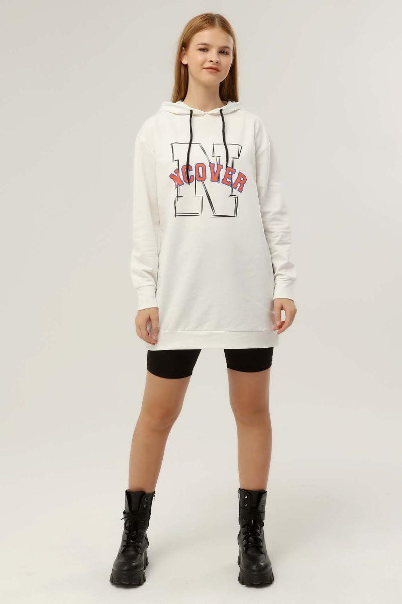Sweatshirt Kadın Baskılı Kapüşonlu Sweatshirt Ekru