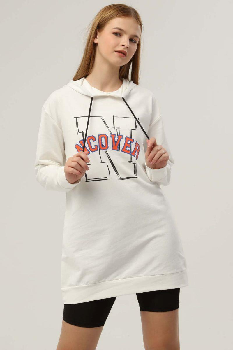 Sweatshirt Kadın Baskılı Kapüşonlu Sweatshirt Ekru