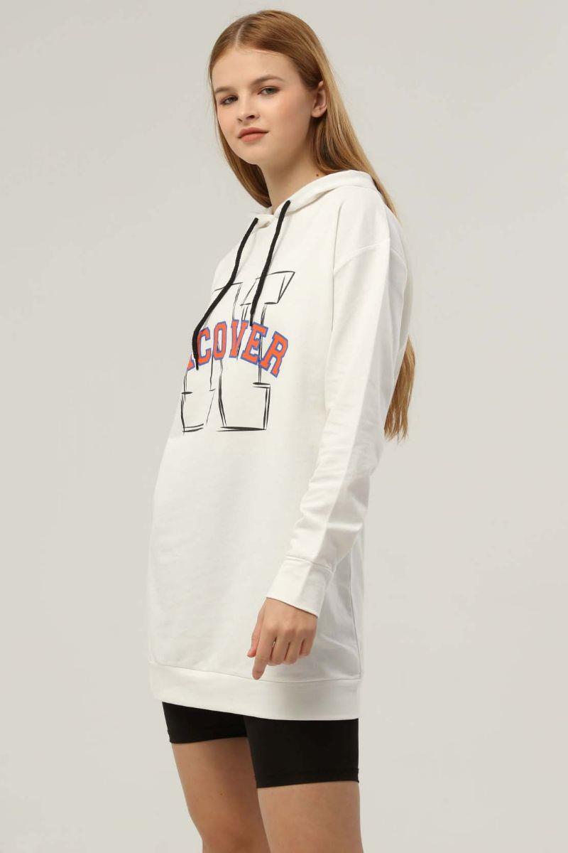 Sweatshirt Kadın Baskılı Kapüşonlu Sweatshirt Ekru