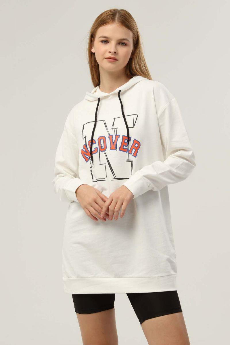 Sweatshirt Kadın Baskılı Kapüşonlu Sweatshirt Ekru